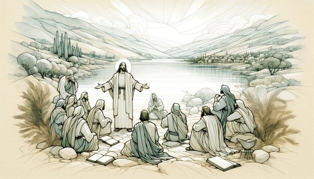 Jesus preaching in Galilee and gathering his disciples. Life of Jesus. Digital illustration. Vector illustration in retro style.