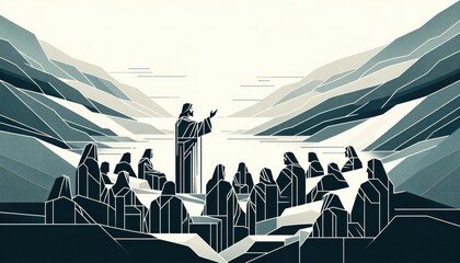 Jesus preaching in Galilee and gathering his disciples. Life of Jesus. Digital illustration. Vector illustration in retro style