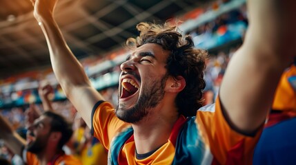 A joyful fan at a soccer event, happily shouting and gesturing with his arms in the air, showcasing his love for the game - obrazy, fototapety, plakaty