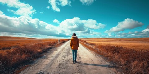 A lone figure strolling down a dusty dirt road surrounded by vast fields of golden grass under a clear blue sky.