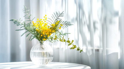A bouquet of yellow mimosa and an acacia leaf in a glass vase against the background of a white curtain and window, on a bright, sunny spring day. Atmospheric photo. Women's Day, Mother's Day, Easter