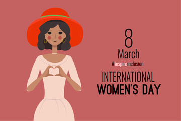 Inspire inclusion . International Women`s Day banner, poster. Inspireinclusion campaign 2024. Woman showing sign of heart. Vector illustration