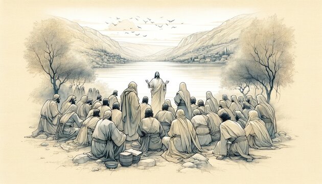 Jesus preaching in Galilee and gathering his disciples. Life of Jesus. Digital illustration. Watercolor style.
