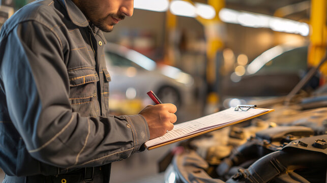 Auto Mechanic Inspecting and Writing on Clipboard