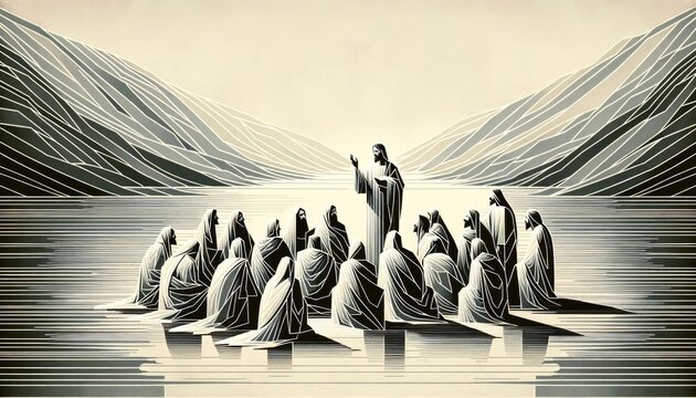 Jesus preaching in Galilee and gathering his disciples. Life of Jesus. Digital illustration. Vector illustration in retro style
