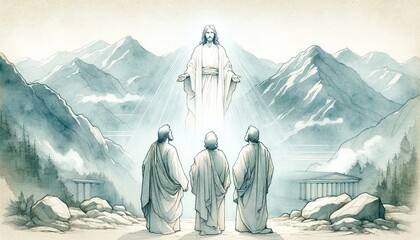 The greatest miracle: Transiguration of Jesus. llustration of Jesus appearing bright to Peter, James and John on a mountain. Digital watercolor painting. - obrazy, fototapety, plakaty