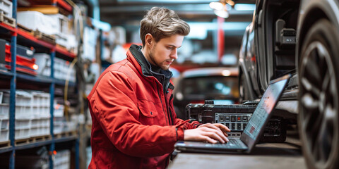 An automotive service manager or mechanic runs interactive diagnostic software on an advanced computer. A specialist inspects a car to detect faults in a repair shop - obrazy, fototapety, plakaty