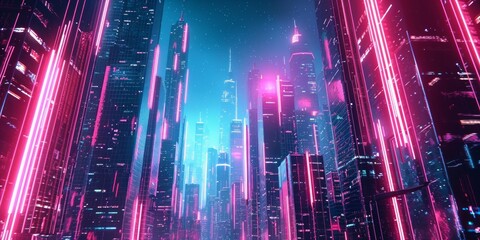 In a futuristic city, neon lights dance off the towering skyscrapers, casting an otherworldly glow over the bustling streets below. - obrazy, fototapety, plakaty
