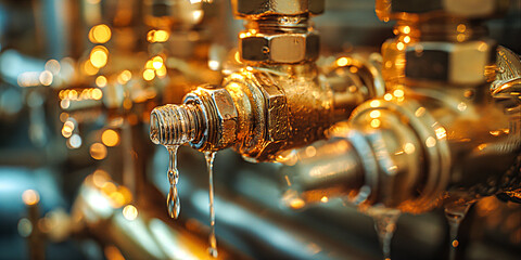 Close-up of iron water valves and gold-colored pipes from which water flows. Concept for repairing...