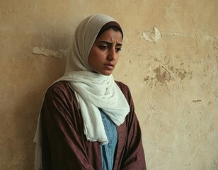 A woman wearing a white scarf and a brown jacket is standing in front of a wall. She looks sad and is staring at the wall