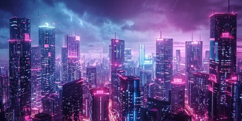 In a futuristic city, neon lights dance off the towering skyscrapers, casting an otherworldly glow over the bustling streets below.