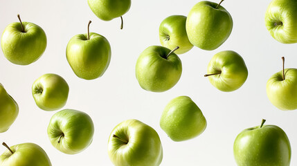 Green Apples Suspended in Air on a Light Cream Background