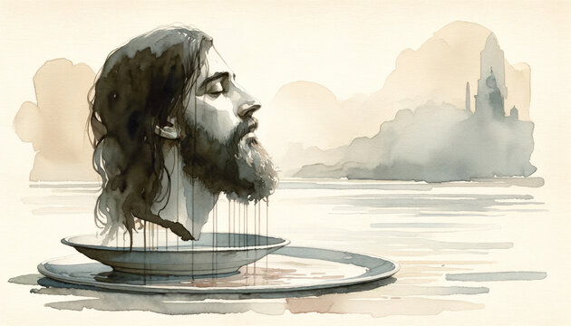 The Feast of Herod. The head of John the Baptist on a platter. Watercolor digital painting.