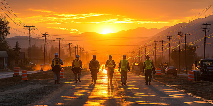 A Group Of Construction Workers In Protective Uniforms Walk Through A Construction Site After Work Against The Backdrop Of Sunset. Construction And Repair Work On Road Laying