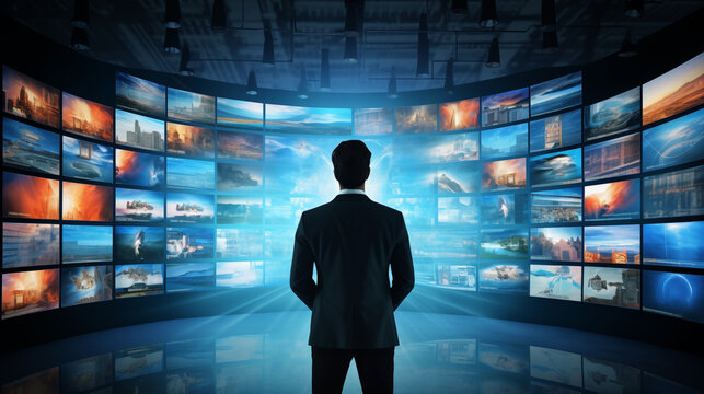 Vivid multimedia video and image wall, businessman stands as a silhouette in the center