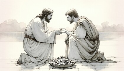 The betrayal of Judas. Judas agreeing to betray Jesus for thirty pieces of silver. Life of Jesus. Digital illustration. - obrazy, fototapety, plakaty