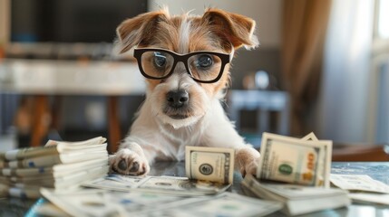 Intelligent puppy with glasses on calculating savings with money and bills scattered around