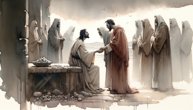 The betrayal of Judas. Judas agreeing to betray Jesus for thirty pieces of silver. Life of Jesus. Watercolor digital painting.