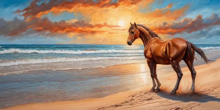 A horse is standing on a beach with the sun setting in the background. The painting captures the beauty of the moment and the peacefulness of the beach