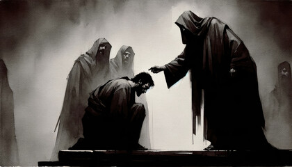 The betrayal of Judas. Judas agreeing to betray Jesus for thirty pieces of silver. Life of Jesus. Digital illustration. Black and white. - obrazy, fototapety, plakaty