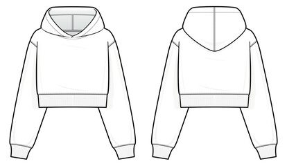 Kids Hoodie technical fashion illustration. hoodie vector template illustration. front and back view. oversized. drop shoulder. unisex. white color. CAD mockup.