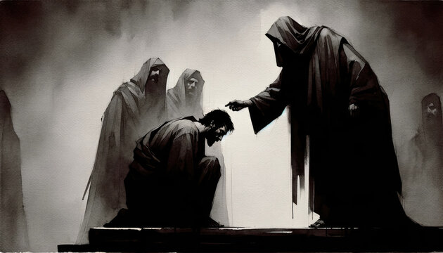 The betrayal of Judas. Judas agreeing to betray Jesus for thirty pieces of silver. Life of Jesus. Digital illustration. Black and white.