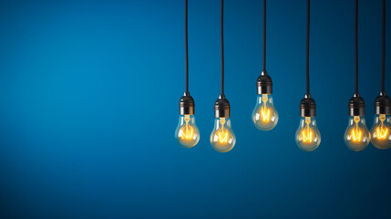 Hanging light bulbs on blue background with one illuminated and space for text, Ai generated image - obrazy, fototapety, plakaty