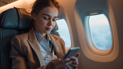 Buckled into her seat on a plane, a young woman dressed in a sophisticated business attire checks her phone for updates or perhaps takes a moment to relax with a quick game before