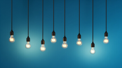 Hanging light bulbs on blue background with one illuminated and space for text, Ai generated image