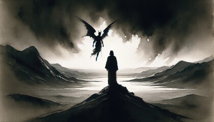 The temptation of Jesus by Satan in the Judean Desert. Life of Jesus. Silhouette of Jesus and Satan in the mountains. Digital illustration. - obrazy, fototapety, plakaty