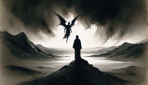 The temptation of Jesus by Satan in the Judean Desert. Life of Jesus. Silhouette of Jesus and Satan in the mountains. Digital illustration.