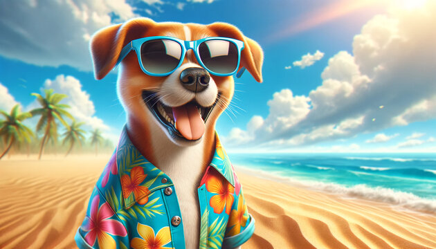 adorable dog decked up in a Hawaiian shirt and sunglasses, ready for the impending summer.