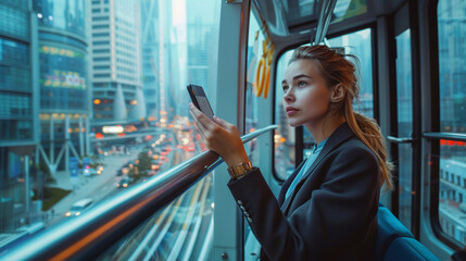 Gliding above city streets on a monorail, a young woman in business attire enjoys panoramic views of the urban landscape, her phone in hand as she alternates between work tasks and