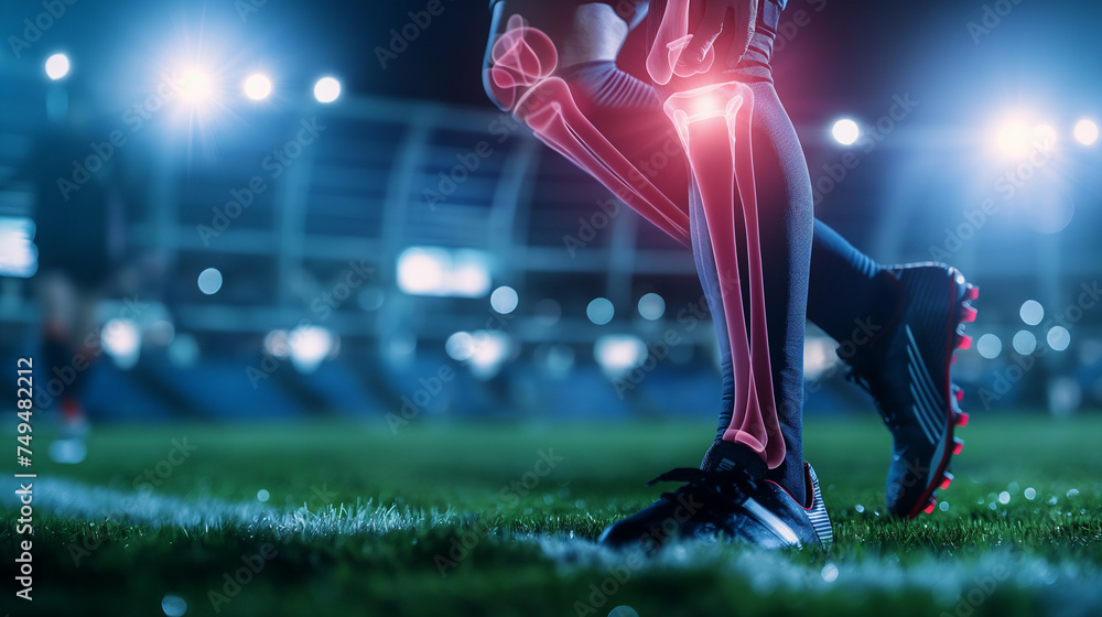 Wall mural football player pain with injury at knee ankle during play football on competition match in stadium with team soccer, with red highlight with pain injury at transparent bone, sport medical concept