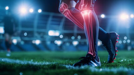 football player pain with injury at knee ankle during play football on competition match in stadium...