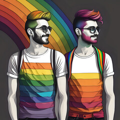 Boys couple with rainbow colored shirtxA Concept of LGBT pride-generated by ai