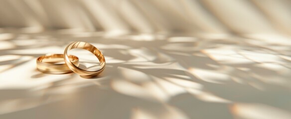 Wedding gold rings on light background with shadows. Aesthetic invitation concept, horizontal background, copy space for text, 