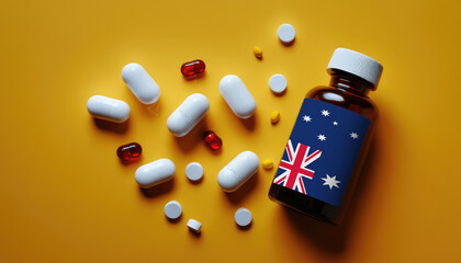 White medical pills and tablets in a drug bottle with flag Australia. Macro top down view with copy space. Medicine and healthcare concept