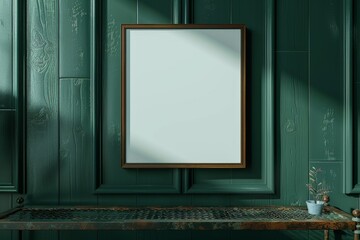 White empty vintage wooden picture frame hangs on a textured interior wall for a touch of architectural decoration wooden frame mockup close Dark green wall. Frame mockup, 3d poster mockup 