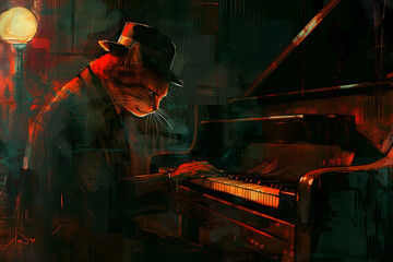 
Cat characterized as a jazz pianist playing the piano. Illustration
