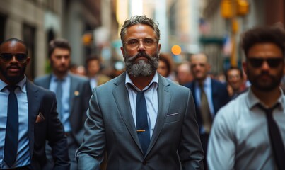Fototapeta premium A team of interracial business people in suits walking among business buildings in urban city
