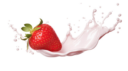Fresh Strawberries in Milk or yogurt splash on transparent background  , cut out 