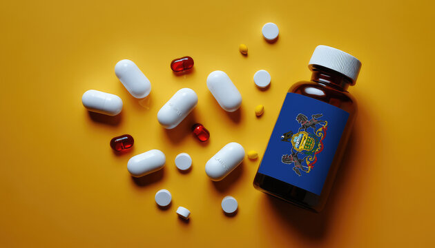 White medical pills and tablets in a drug bottle with flag Pennsylvania. Macro top down view with copy space. Medicine and healthcare concept