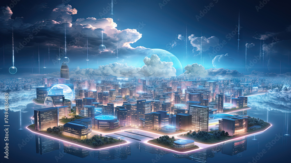 Poster concept of a digital city with cloud connections. futuristic network in the clouds.