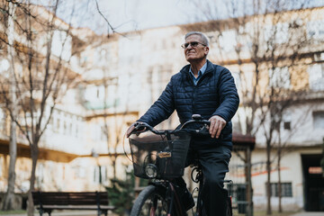 Fototapeta na wymiar A mature, active senior gentleman cycling confidently on his bike through a tranquil urban park, embracing an active lifestyle.