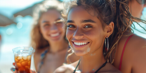 Obraz premium couple enjoying a cocktail or soda, smiling woman on the beach on a sunny day