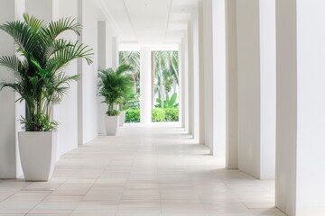 Fototapeta premium Bright White Outdoor Corridor with Potted Plants