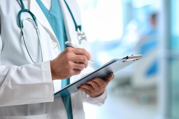 Doctor Writing on Clipboard in Hospital