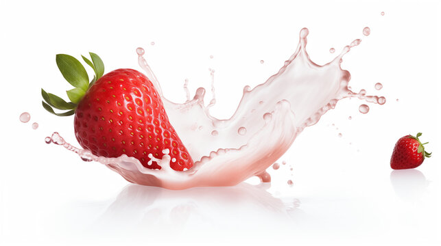 Fresh Strawberries in Milk or yogurt splash on white background.