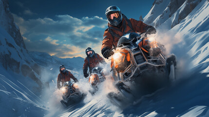 Group of people riding a snowmobile in the mountains - obrazy, fototapety, plakaty